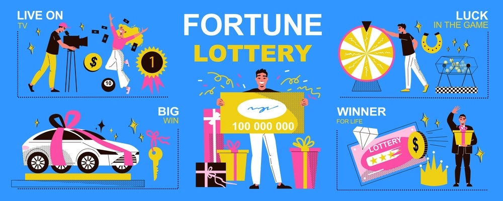 Fortune games flat set with people winning lottery prizes vector illustration