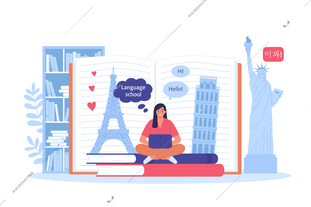 Language course flat composition with woman taking online lesson in from of open book vector illustration