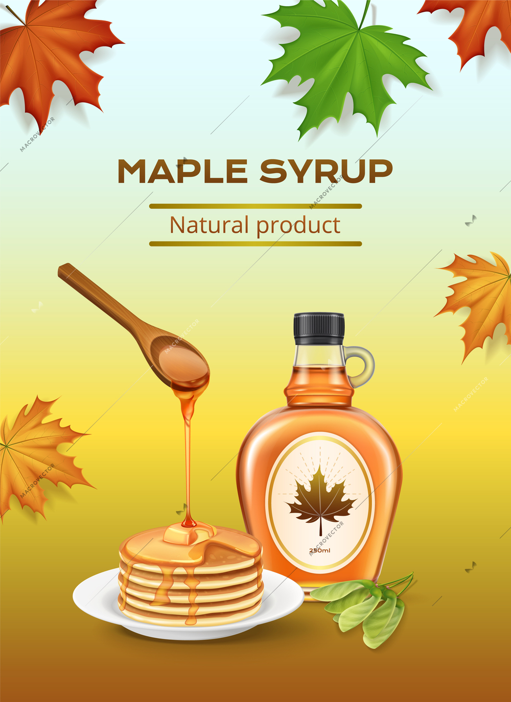 Maple syrup natural product realistic composition with bottle autumn leaves pancakes with topping vector illustration