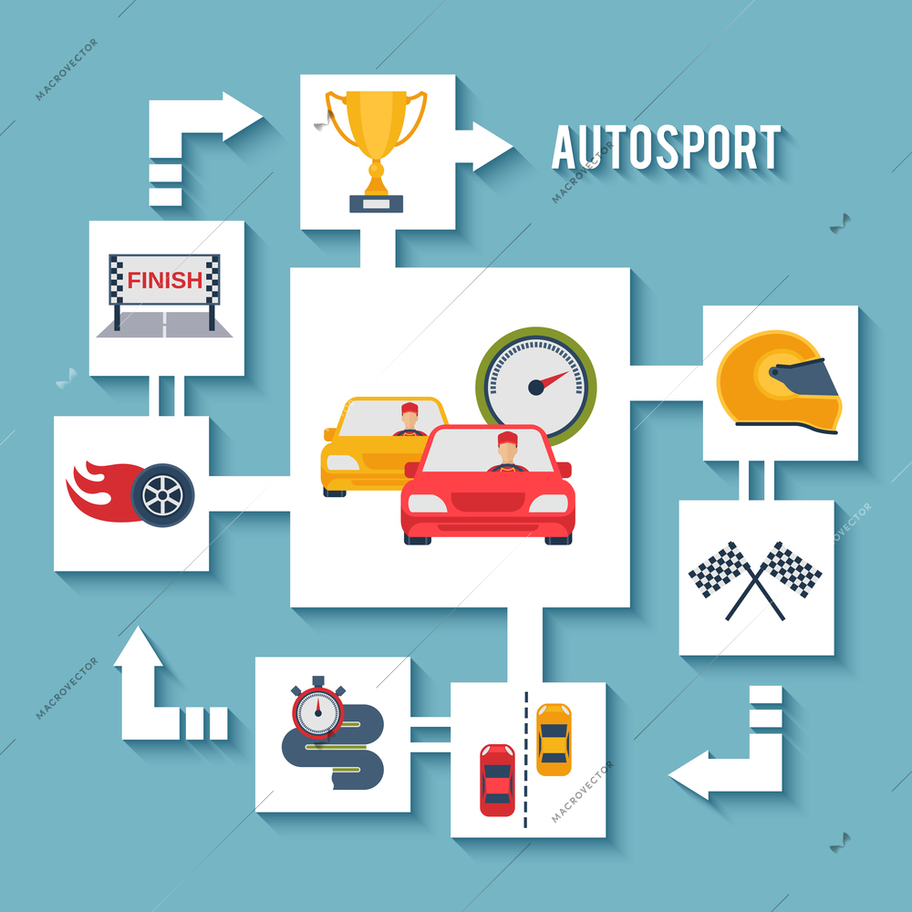 Auto sport concept with paper car wheel helmet and award flat icons vector illustration
