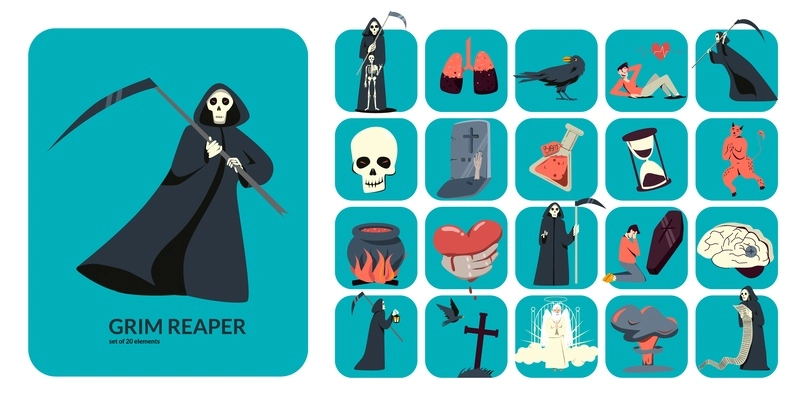 Flat composition with grim reaper figure and 20 square icons with death symbols vector illustration