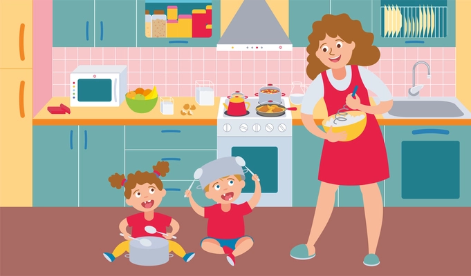 Children bad behavior flat compositons with naughty kids and mom on a kitchen vector illustration