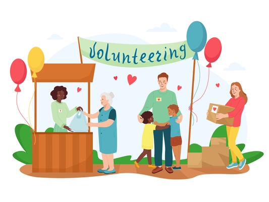 Charity flat composition with outdoor scenery festive balloons and stall with volunteers giving away humanitarian aid vector illustration