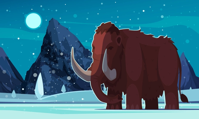 Ancient mammoth in snowy area with rocks in background cartoon vector illustration