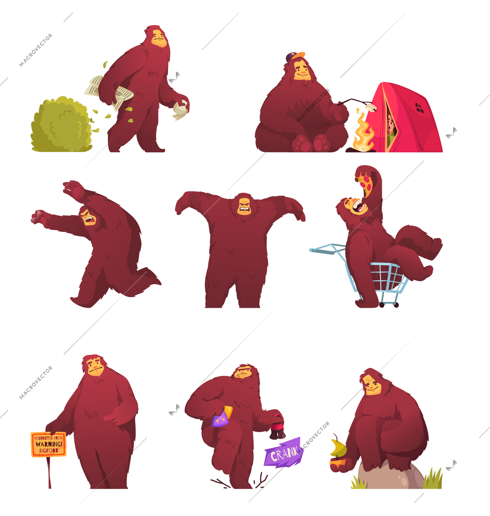 Funny cartoon bigfoot character set with hairy creature doing various activities isolated vector illustration