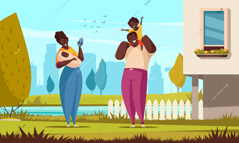 Happy black family man and woman with two kids walking in garden near their house cartoon vector illustration