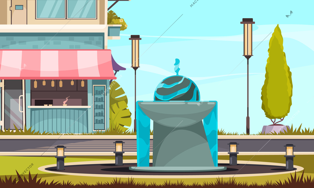 Cartoon city street with fountain surrounded by lights and cafe building in background vector illustration