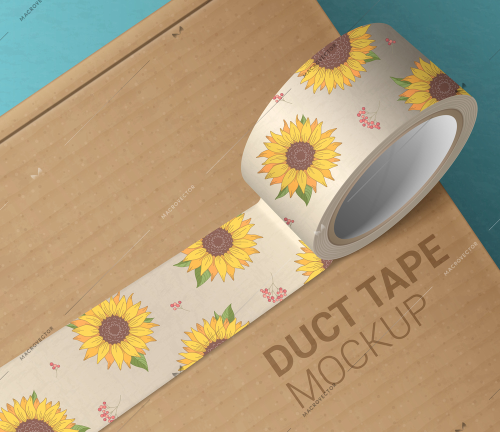 Duct tape mockup realistic composition with cardboard background editable text and tape roll with sunflower images vector illustration