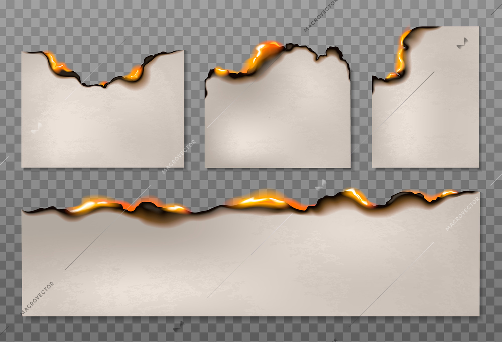 Burnt paper set with isolated images of realistic burning sheets of various shape on transparent background vector illustration