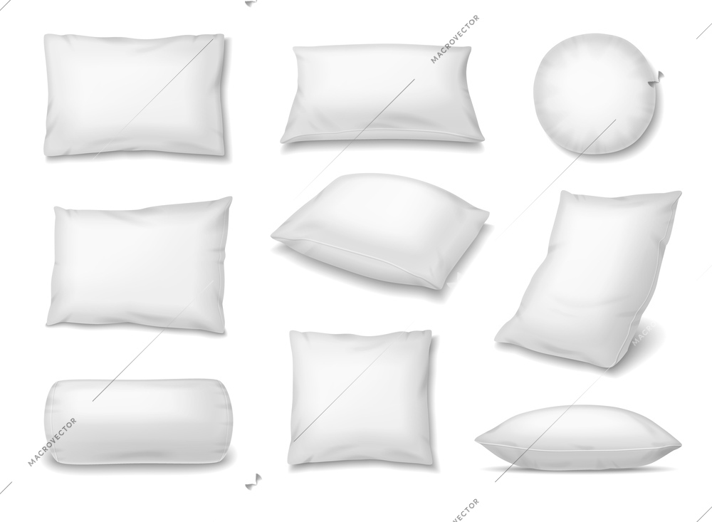 Pillow realistic set of isolated icons with soft white pillows of various shape from different angles vector illustration