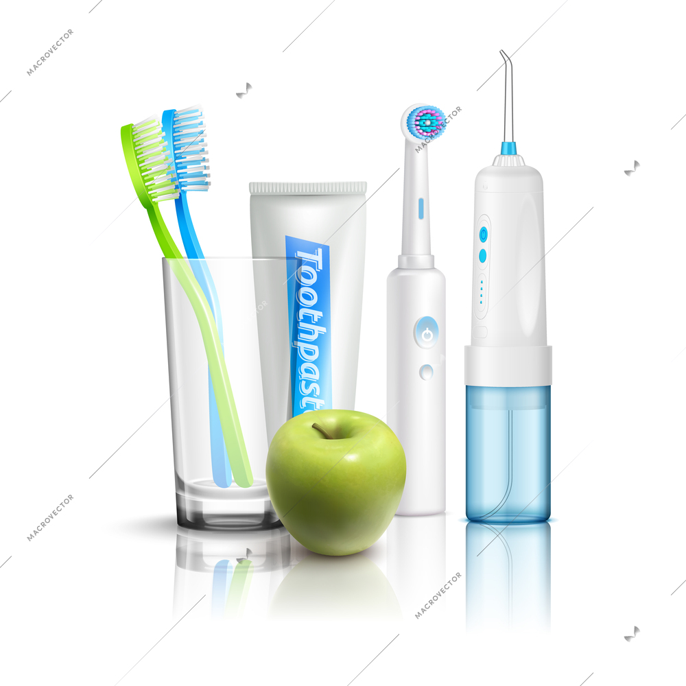 Realistic teeth care composition with water flosser electric and manual toothbrushes tube of toothpaste and green apple vector illustration