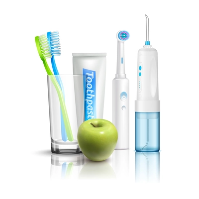 Realistic teeth care composition with water flosser electric and manual toothbrushes tube of toothpaste and green apple vector illustration