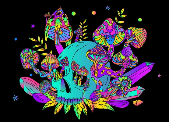 Trippy mushroom skull composition with gradient neon colored mushrooms and leaves growing out of human skull vector illustration