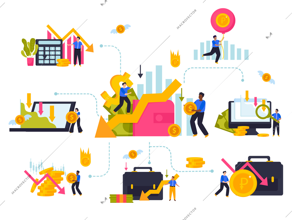 Economy crisis composition in flat style with financial diagrams sad characters and money symbols vector illustration