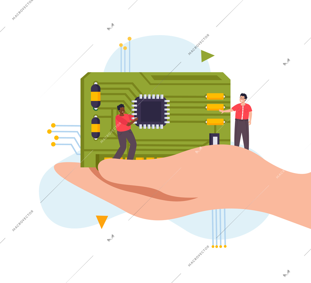 Flat microchip concept with human hand holding computer component and tiny people vector illustration