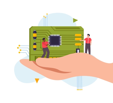 Flat microchip concept with human hand holding computer component and tiny people vector illustration