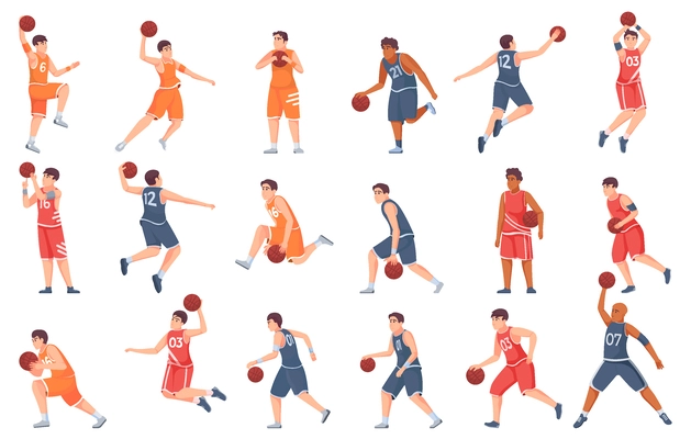 Male basketball players with ball in motion flat set isolated against white background vector illustration