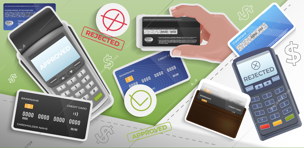 Realistic collage with credit debit cards payment terminals wallet on colour background vector illustration