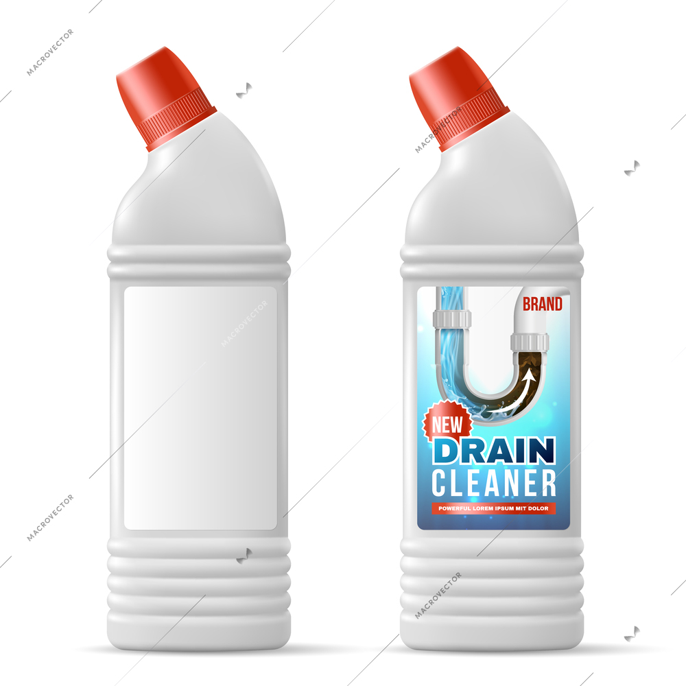Drain pipe cleaner in plastic bottles realistic mockup for ad of new detergent isolated vector illustration