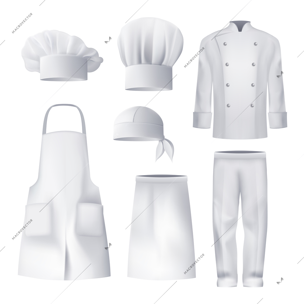 Realistic white mockup of culinary workwear clothing elements including  headdress apron jacket trousers isolated vector illustration