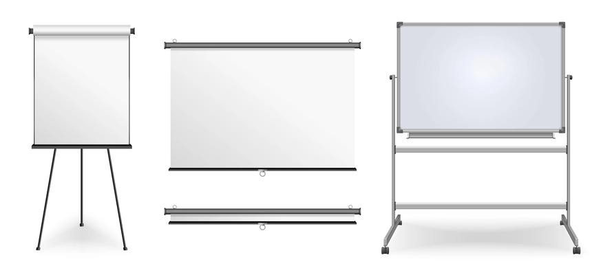 Three modifications of realistic boards for presentation on tripod with two posts and hanging on wall projection screen isolated vector illustration