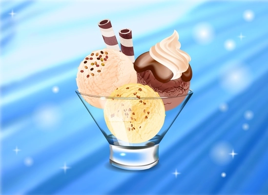 Ice cream realistic composition with abstract background and view of transparent dish with ice balls sticks vector illustration