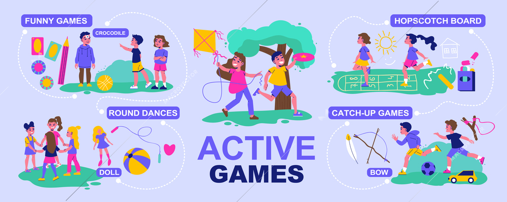 Children active games infographic with funny games round dances hopscotch board and catch up games descriptions vector illustration