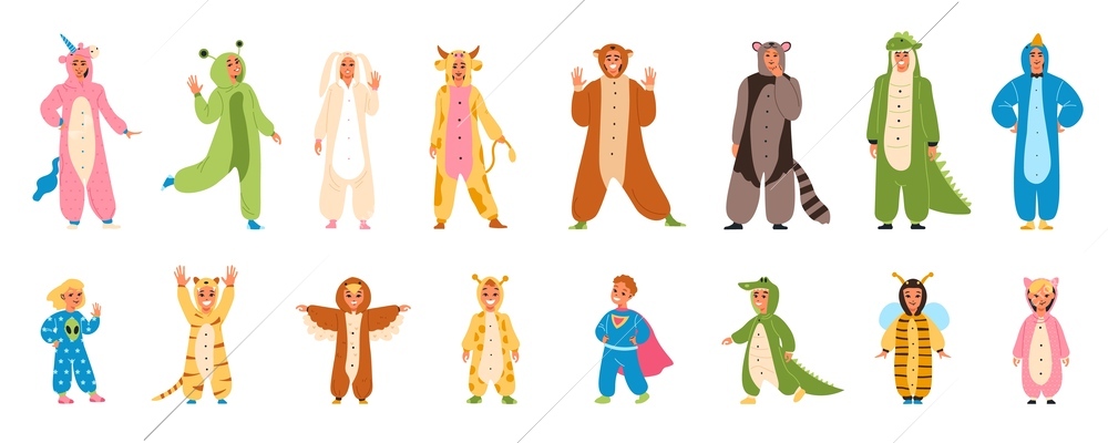 Kigurumi pyjamas icon set funny plush costumes for adults and children in animals form vector illustration