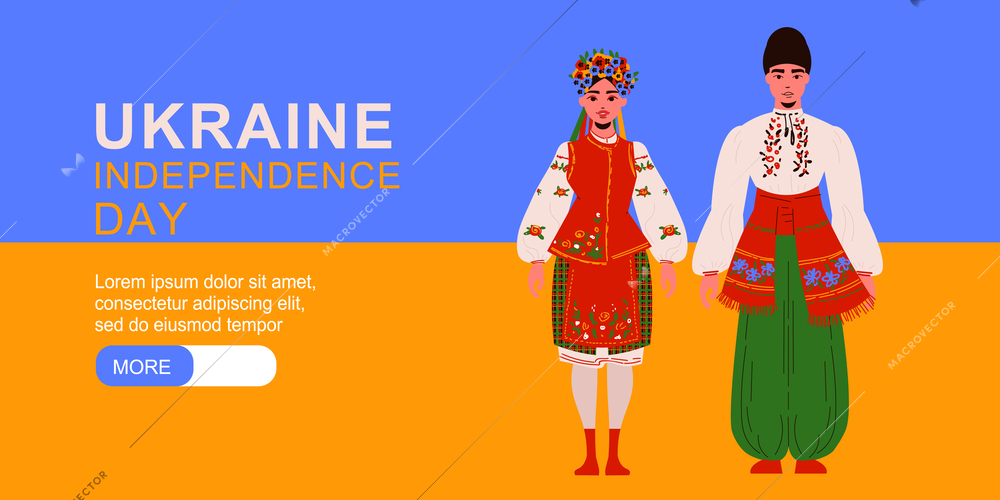 Ukraine colored horizontal banner with ukraine independence day headline and more button vector illustration