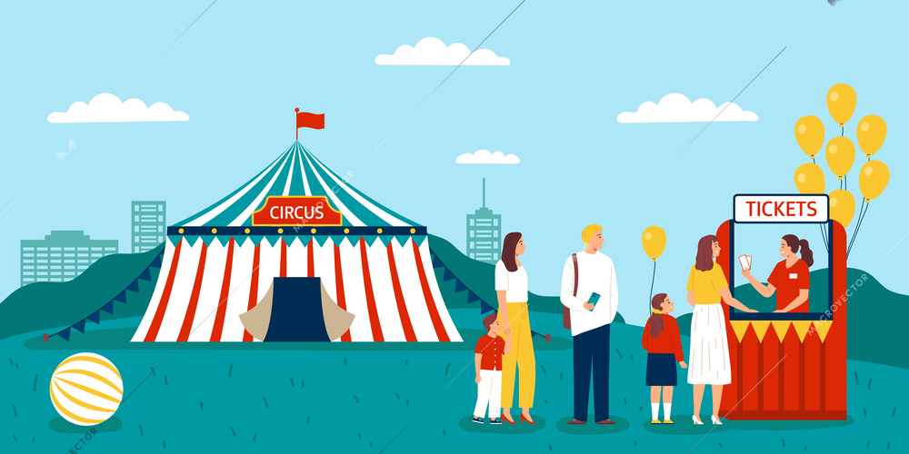 Circus flat composition with traveling tent and ticket booth vector illustration