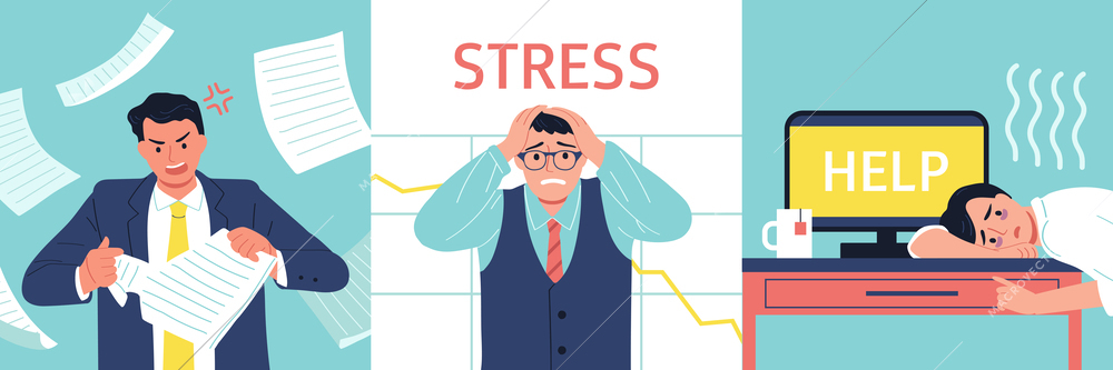 Business stress and professional burnout scenes flat isolated vector illustration