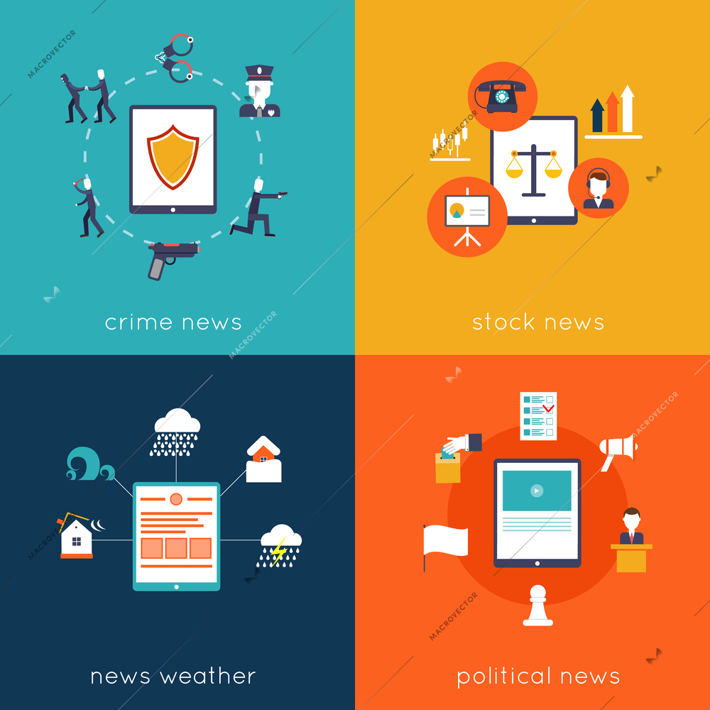 Mobile application flat set with crime stock weather political news isolated vector illustration