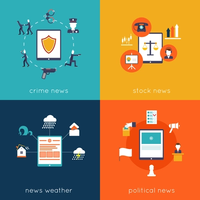 Mobile application flat set with crime stock weather political news isolated vector illustration