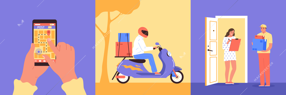 Delivery design concept set courier takes the parcel to recipient searches delivery route on navigator on smartphone customer receives his order vector illustration