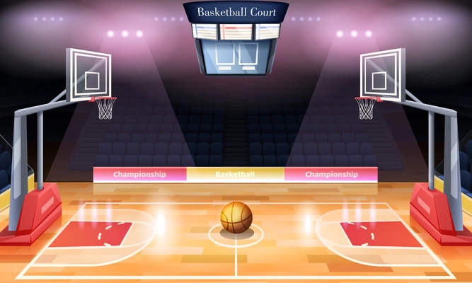 Cartoon interior of basketball court with scoreboard empty seats spotlights and ball in middle vector illustration