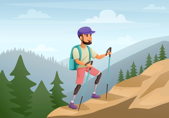 Disabled man with prosthetic legs going hiking in mountains cartoon vector illustration