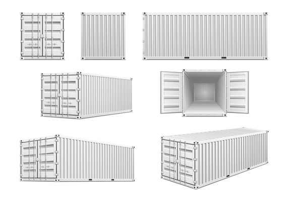 White metal cargo container from different angles realistic set isolated vector illustration