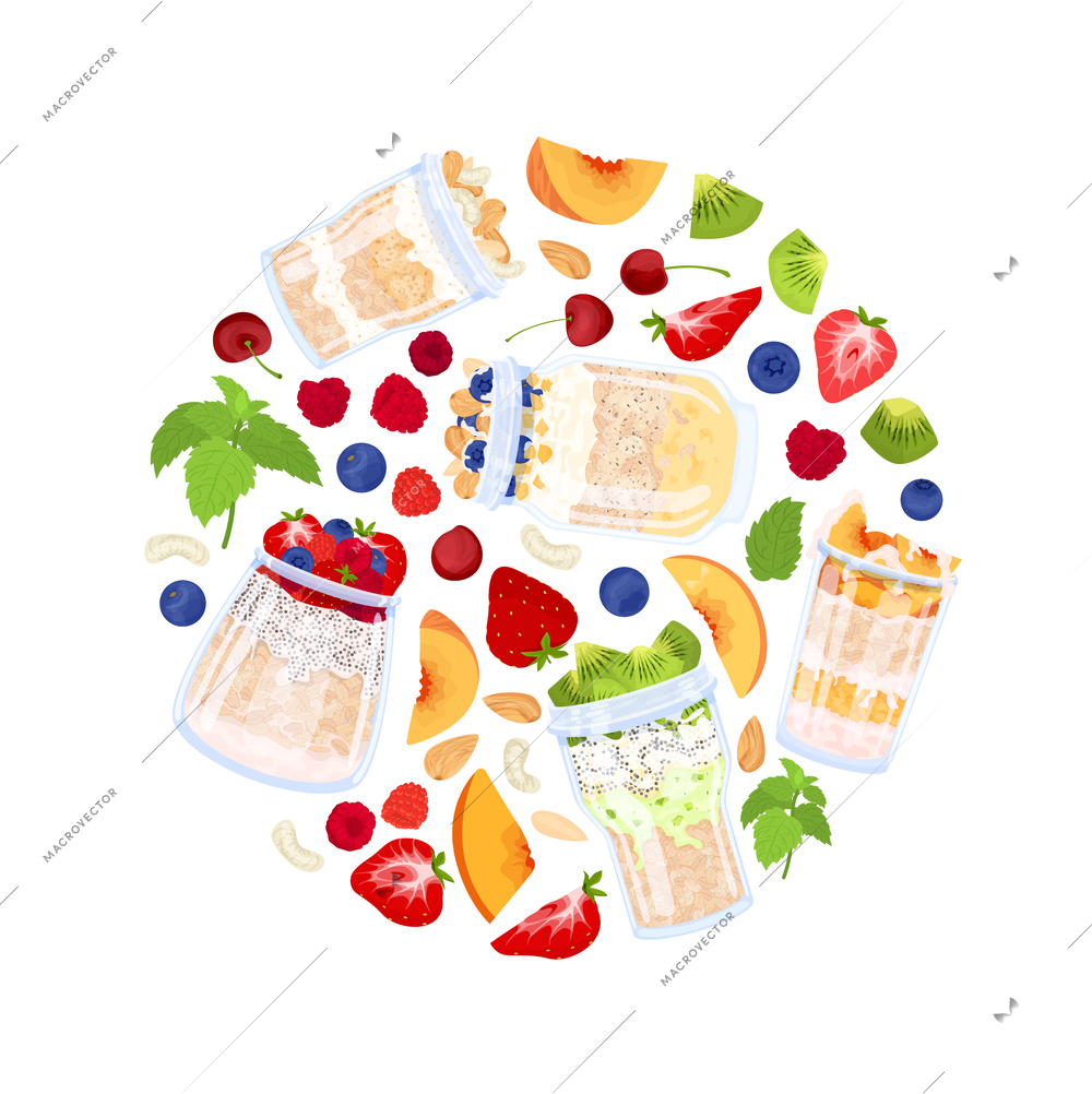 Overnight oats muesli pudding circle composition of flat isolated icons of berries and glasses of porridge vector illustration