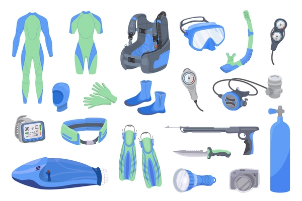 Diving equipment flat set of isolated icons with wet suits breathing masks oxygen bottles and flippers vector illustration
