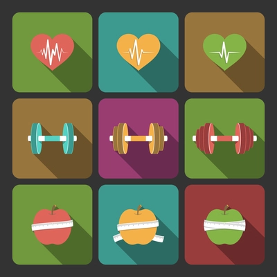 Fitness exercises progress icons set of cardio equipment and diet isolated vector illustration