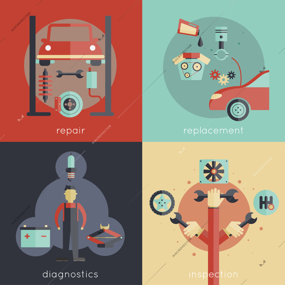 Auto service design concepts set with repair replacement diagnostics inspection isolated vector illustration