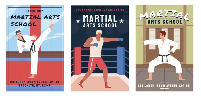 Fighters flat cards with martial arts school posters isolated vector illustration