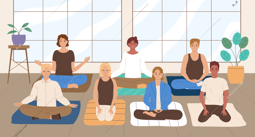 Mindfulness flat concept with group meditation in lotus pose indoors vector illustration