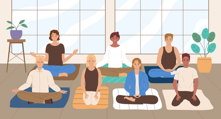 Mindfulness flat concept with group meditation in lotus pose indoors vector illustration