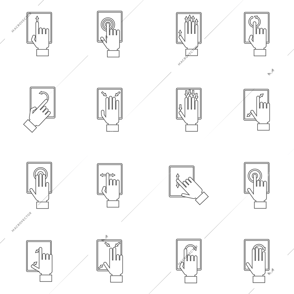 Hand holding and touching mobile devices screen outline icon set isolated vector illustration