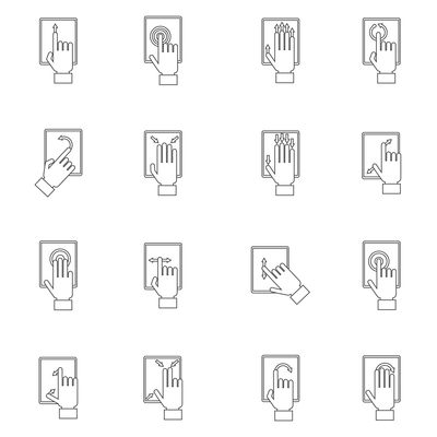 Hand holding and touching mobile devices screen outline icon set isolated vector illustration