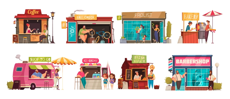 Small business set of bike check florist barbershop ice cream bakery soup to go flat compositions isolated vector illustration