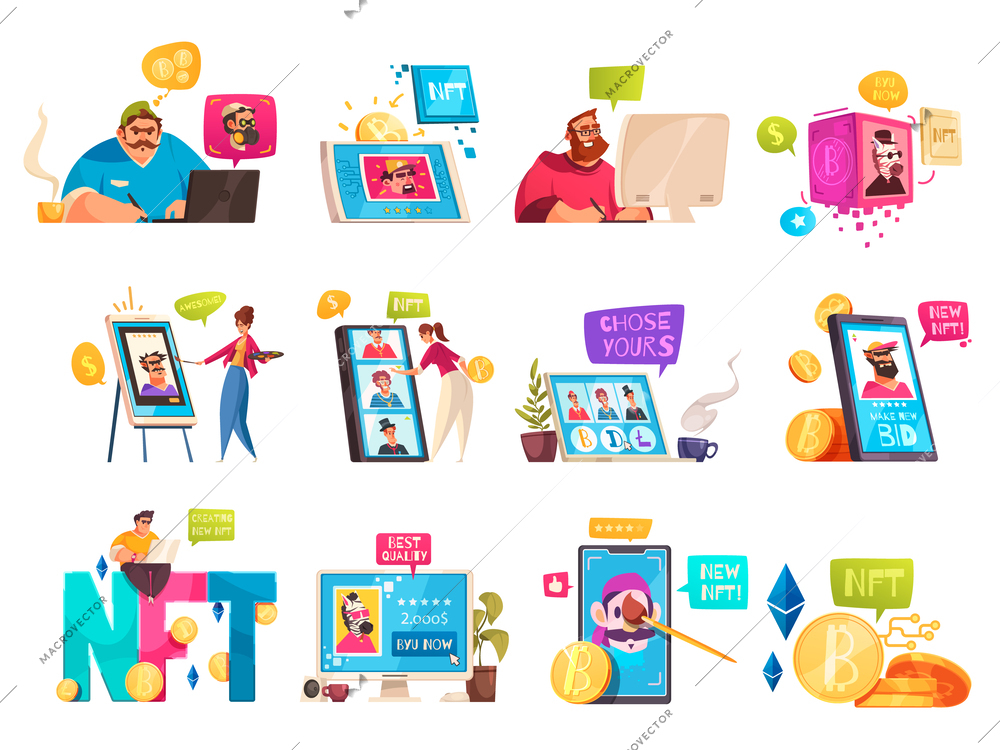 Non fungible token flat set of people working in digital crypto art and cryptocards items on sale isolated vector illustration