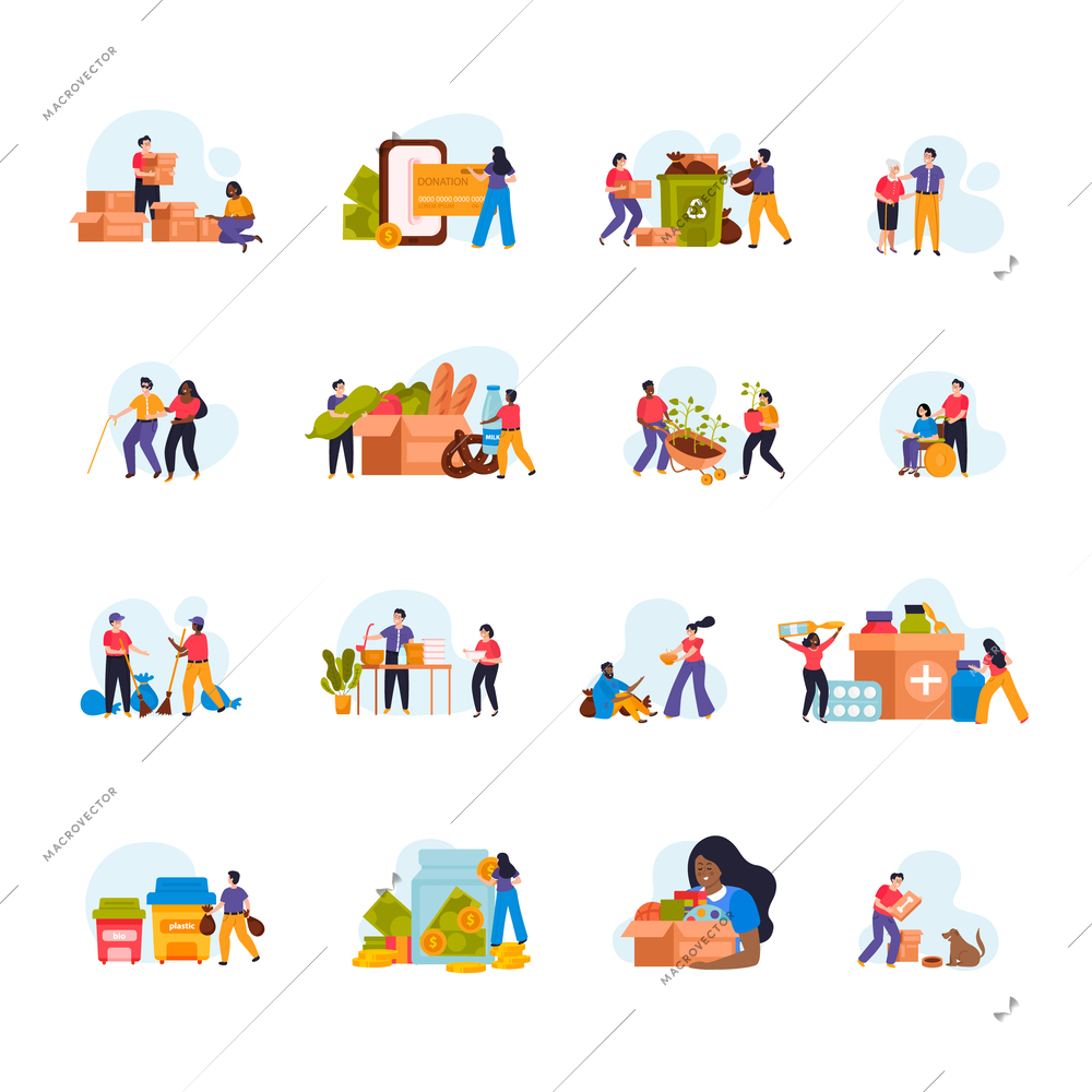 Donation and volunteer work flat icon set with distribution of food and things for those in need sorting and cleaning up trash vector illustration