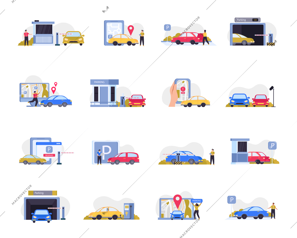 Parking flat colored icon set guarded and unguarded parking with barrier and cameras on the street and underground vector illustration